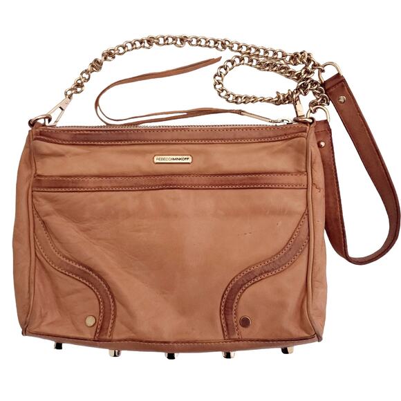 REBECCA MINKOFF MAC Bombe leather crossbody chain shoulder bag tan classic purse - Picture 2 of 12